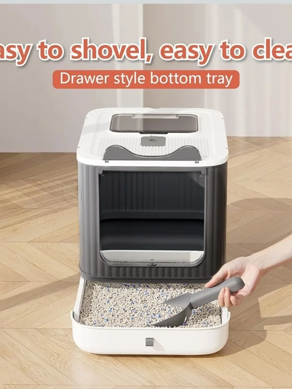 Covered Cat Litter Box Enclosure w/ Lid Drawer Scoop Top Exit White Gray